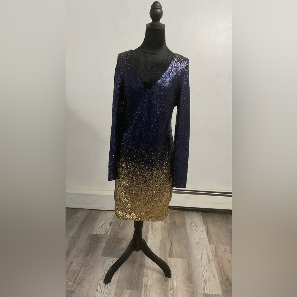 Blue and Gold Sequin Long Sleeve Sheath Dress